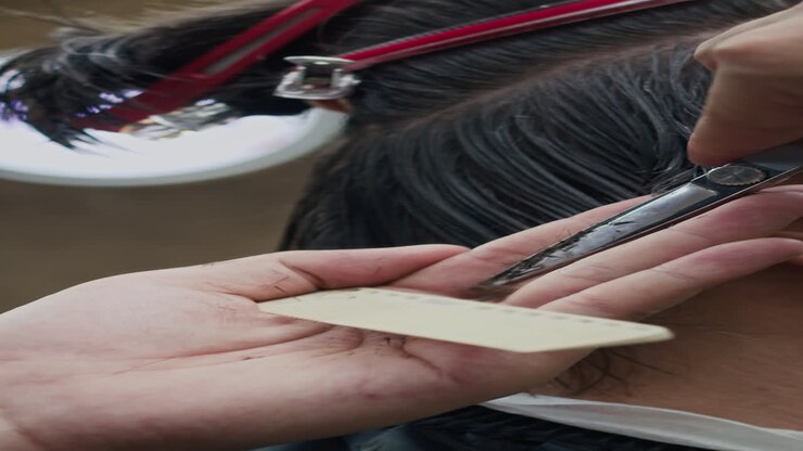 Barbiere irriconoscibile che taglia i capelli di un cliente con pettine