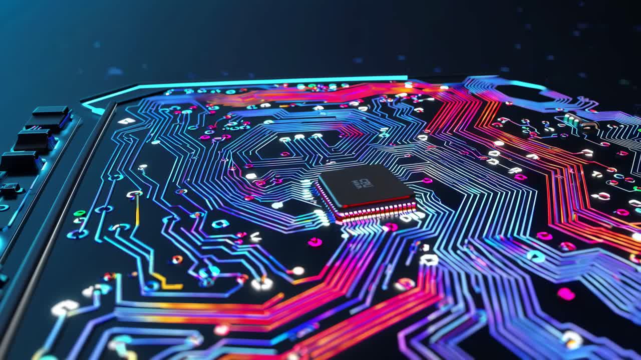 Close-up of a colorful circuit board with a CPU chip