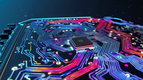 close-up of a colorful circuit board with a cpu chip