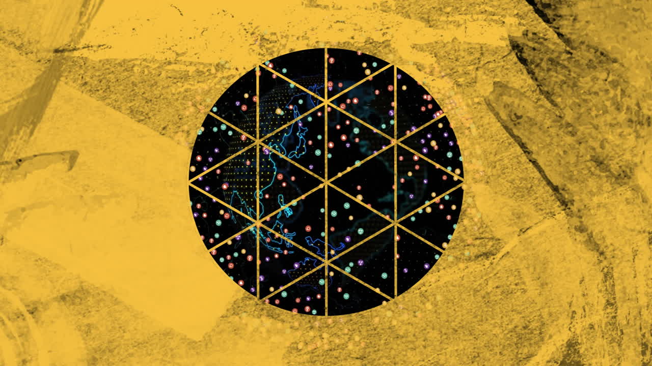 Animation of colorful dots forming geometric pattern on yellow textured background