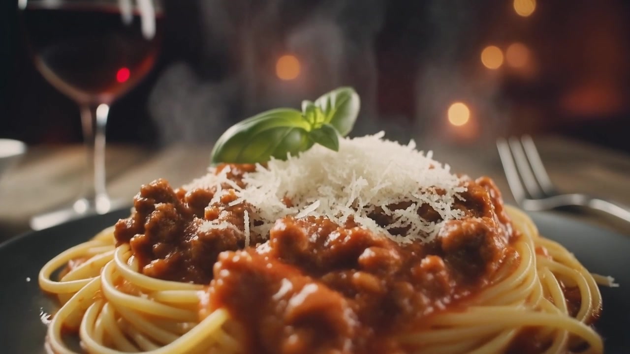 Piatto fumante di spaghetti alla bolognese con parmigiano e basilico
