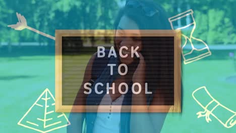 animación del texto de regreso a la escuela y los iconos de los artículos escolares sobre la escolar