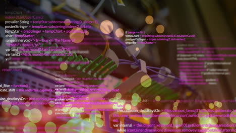 animación del lenguaje informático y las llamaradas de las lentes a través de cables conectados a módems
