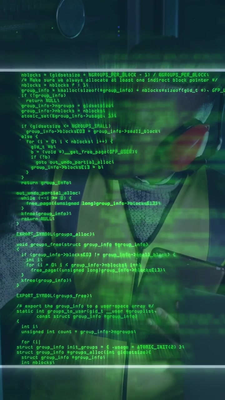 Video verticale: Tecnico uomo che tocca un tablet in un impianto, generando una sovrapposizione di codice per i controlli di sistema.