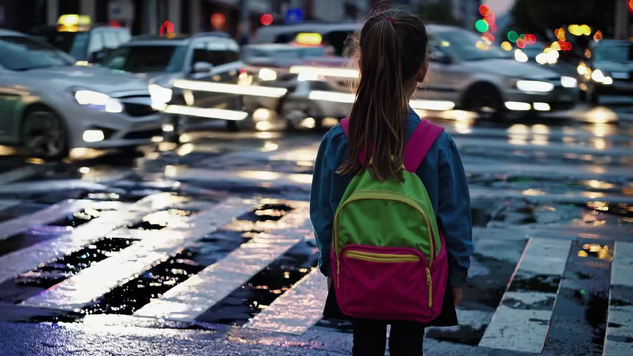 밤에 은 도시 거리를 가로지르는 소녀