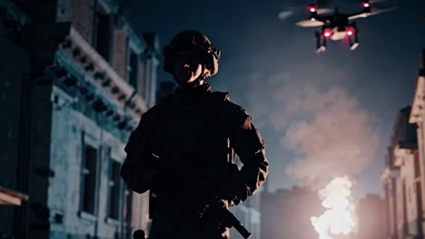 soldier on patrol at night in a war zone with drone surveillance