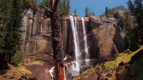 static shot of vernal falls with a tree in foreground