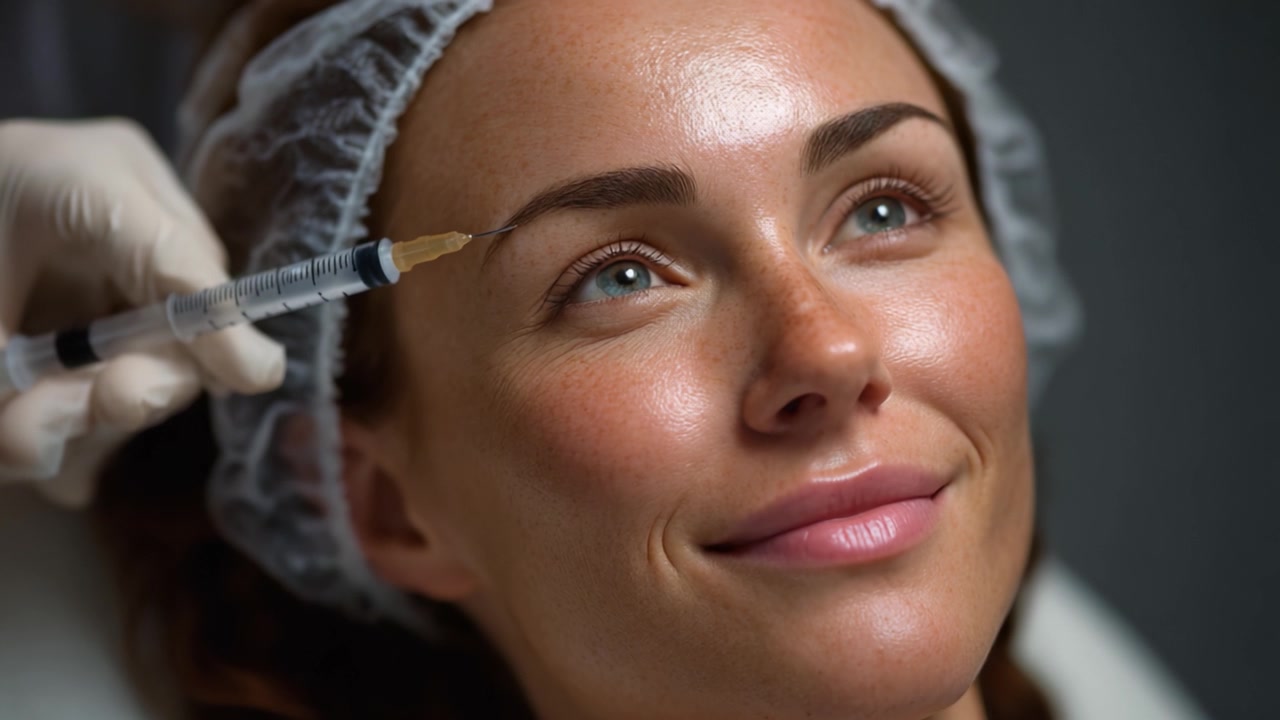 Una Donna si Sottopone a un Trattamento di Iniezioni Cosmetiche, Mostrando un'Espressione Serena e Sottolineando la Complessità delle Procedure Estetiche in un Contesto Clinico
