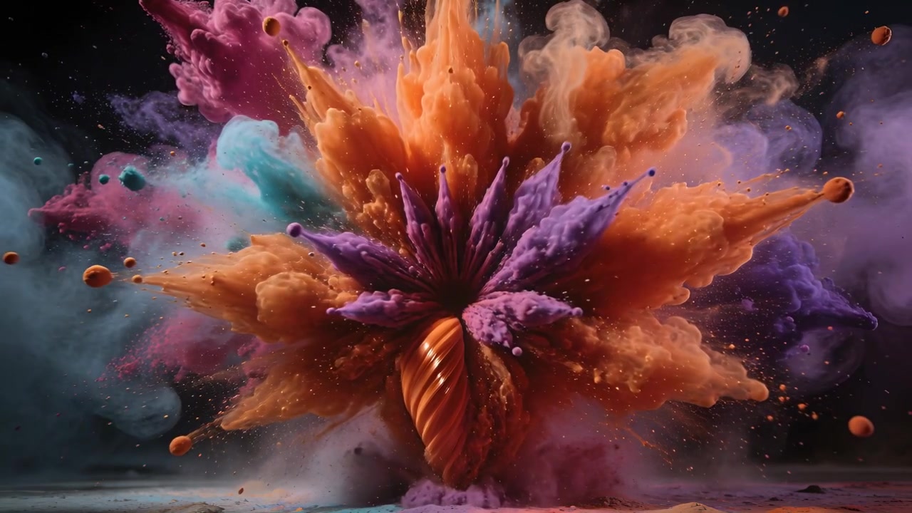 Rising cyan or teal and orange spirals merging, colliding on floor, ejecting purple and orange petal