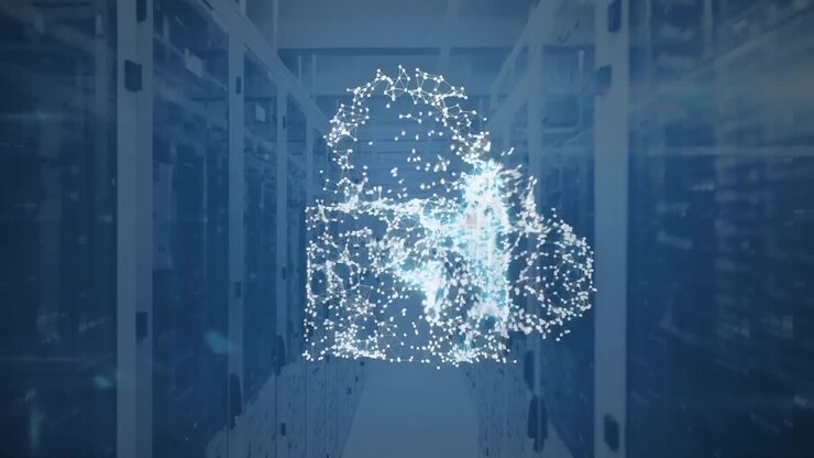 Animation of cloud, security padlock and shield icon against computer server room