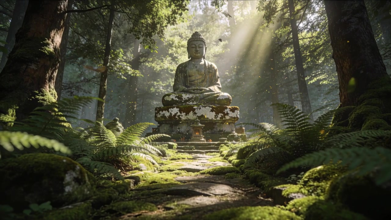 Telecamera che si muove lungo un sentiero muschioso, rivelando un'antica statua di Buddha, con raggi di sole che illuminano i vasi delle offerte.