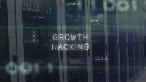 animation of circuit board pattern around growth hacking text and binary codes over server room