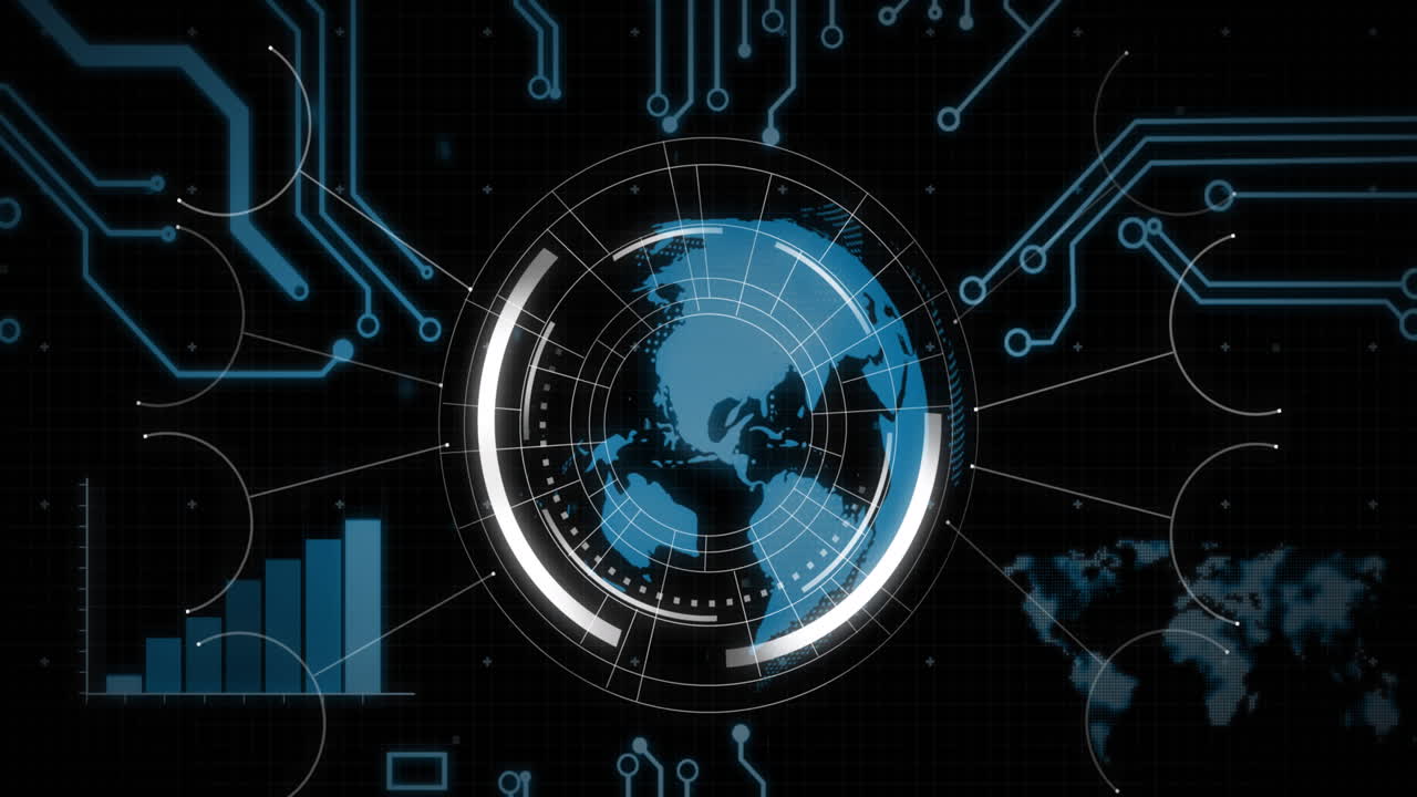 Animation of round scanner, spinning globe and microprocessor connections against black background