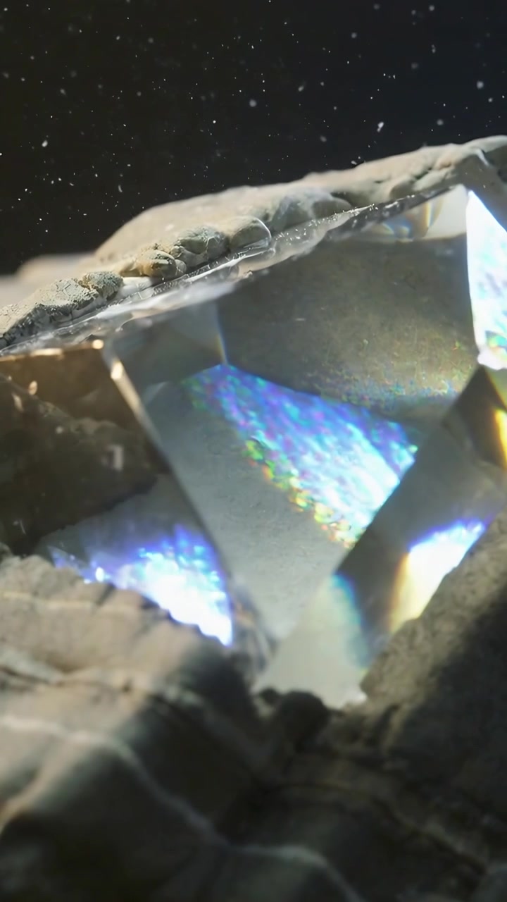 Vertical video: Catching light, clear prism creating shifting rainbow patches on woven fabric seam