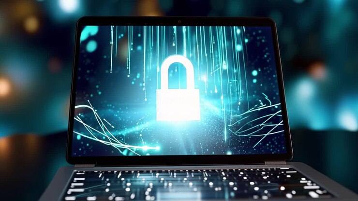 Digital Security Concepts: A Laptop Displaying a Lock Symbol Represents Online Protection and Encryption in a Technologically Advanced Environment