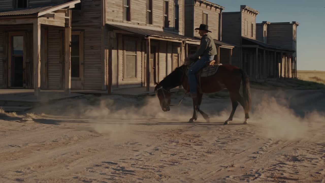 Cowboy Riding Horse in Old Western Town