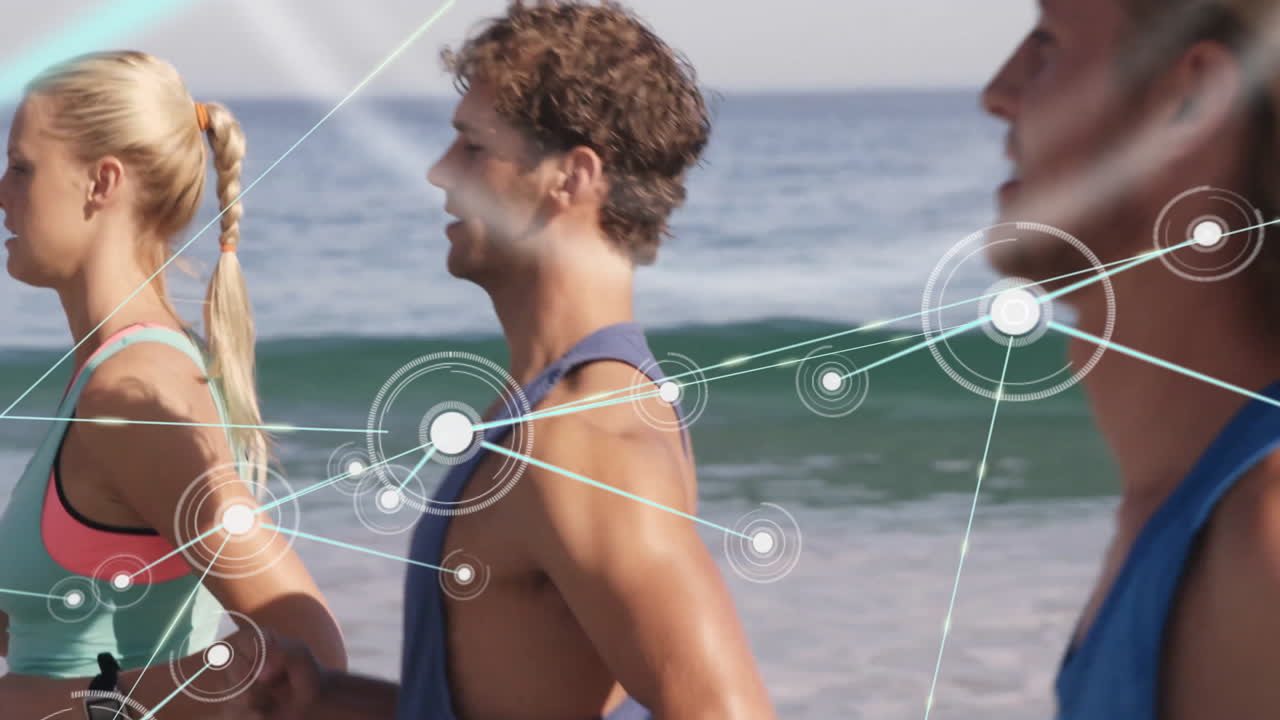 Exercising on beach, couple with digital animation of network connections