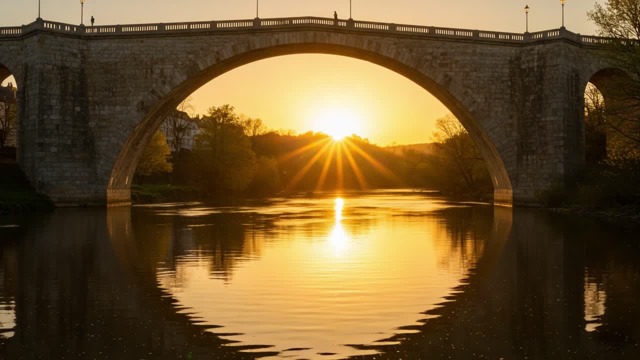 A Stunning Sunset Illuminating a Historic Stone Bridge over a Serene River, Creating a Beautiful Reflection in the Calm Water Beneath, Captured in Golden Hour Glow