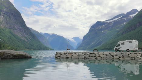 family vacation travel rv, holiday trip in motorhome. beautiful nature norway natural landscape.