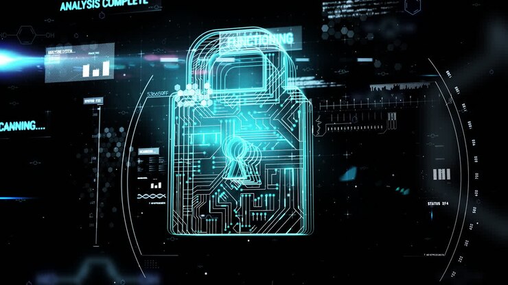 Digital lock and data encryption animation over cybersecurity interface