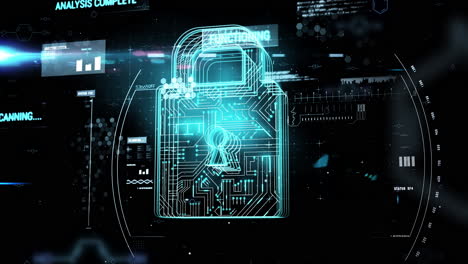 digital lock and data encryption animation over cybersecurity interface