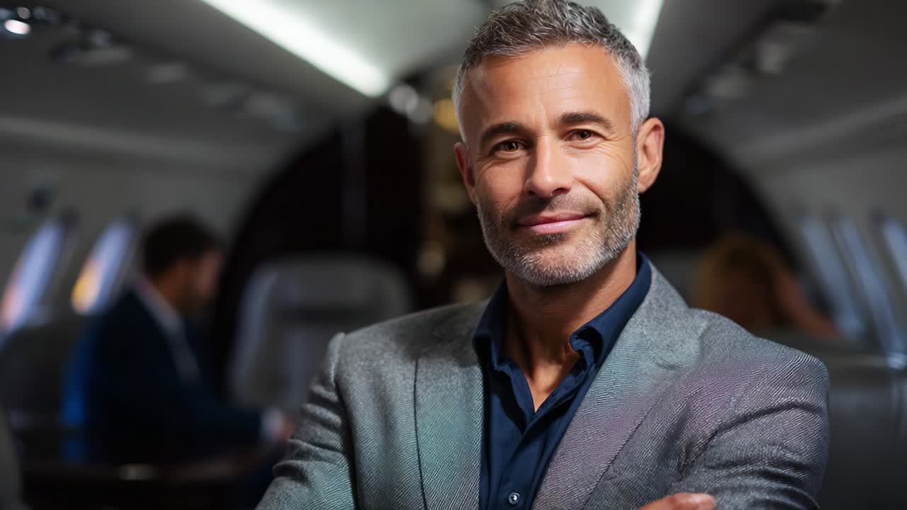 A confident male in a stylish blazer smiles warmly in a sophisticated private jet interior, showcasing luxury and elegance, while exuding charisma and professionalism
