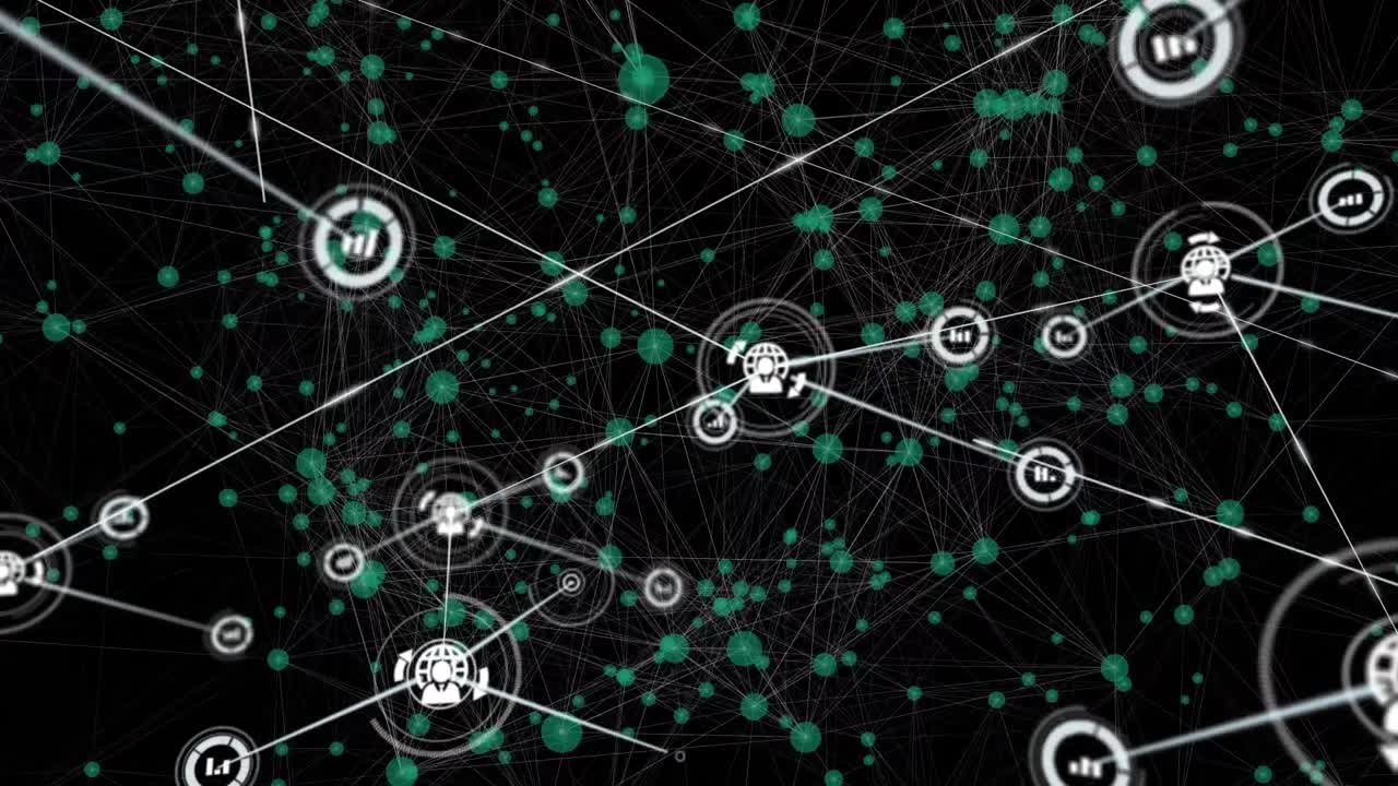 Animation of network of connections with icons with glowing spots