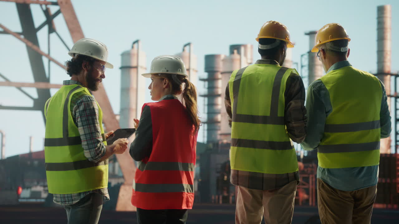 Group of engineers and workers discussing on an industrial or construction site