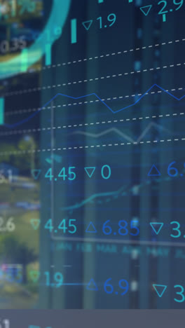 animación de datos financieros y gráficos sobre el paisaje urbano