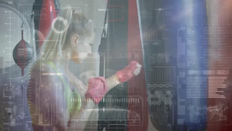 Animation-of-data-processing-over-caucasian-sportswoman-punching