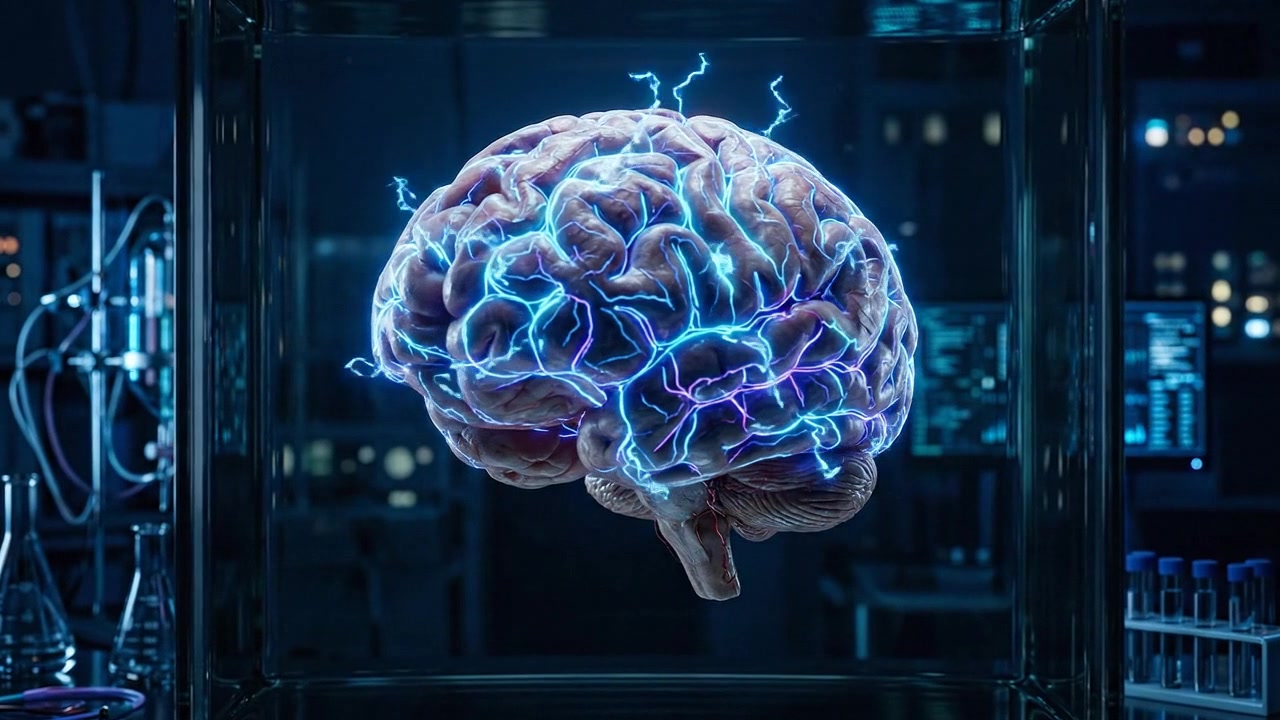 Human Brain Model with Glowing Neural Activity in Laboratory