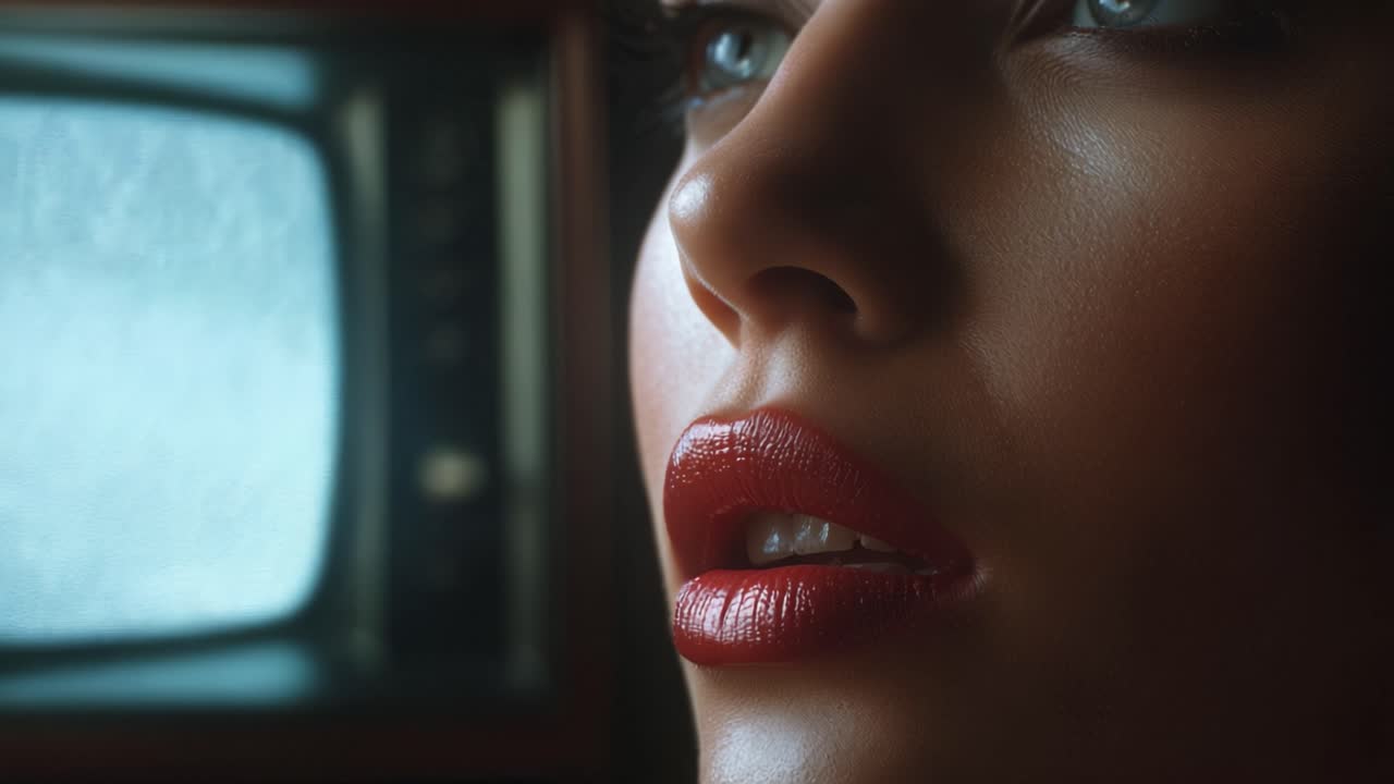 A Captivating Close-Up: Exploring the Alluring Features of a Model in Front of a Vintage Television with an Enigmatic Backdrop of Soft Textures and Light
