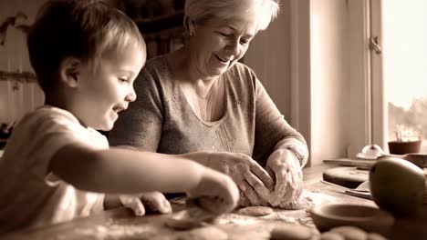 grandmother and grandchild baking together