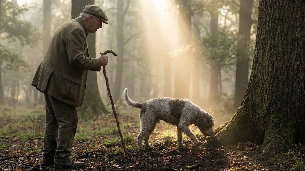 Uomo e cane in una foresta