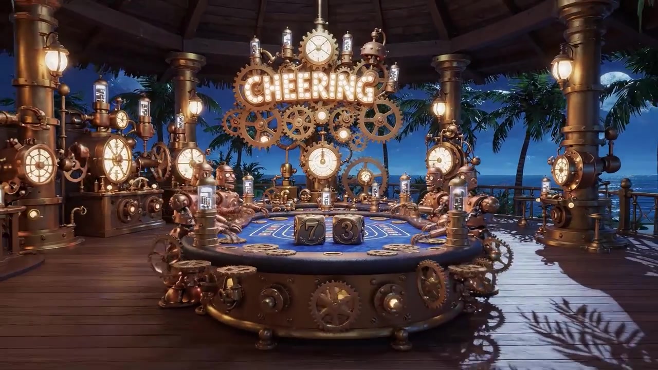 A Steampunk-Inspired Casino Scene Featuring Dice, Decorative Gears, and Cheering Atmosphere with Rich Textures and a Unique Ambiance in a Coastal Setting