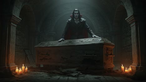 a dark and eerie scene unfolds in an ancient crypt with a sinister figure emerging from a coffin surrounded by flickering candles and shadows