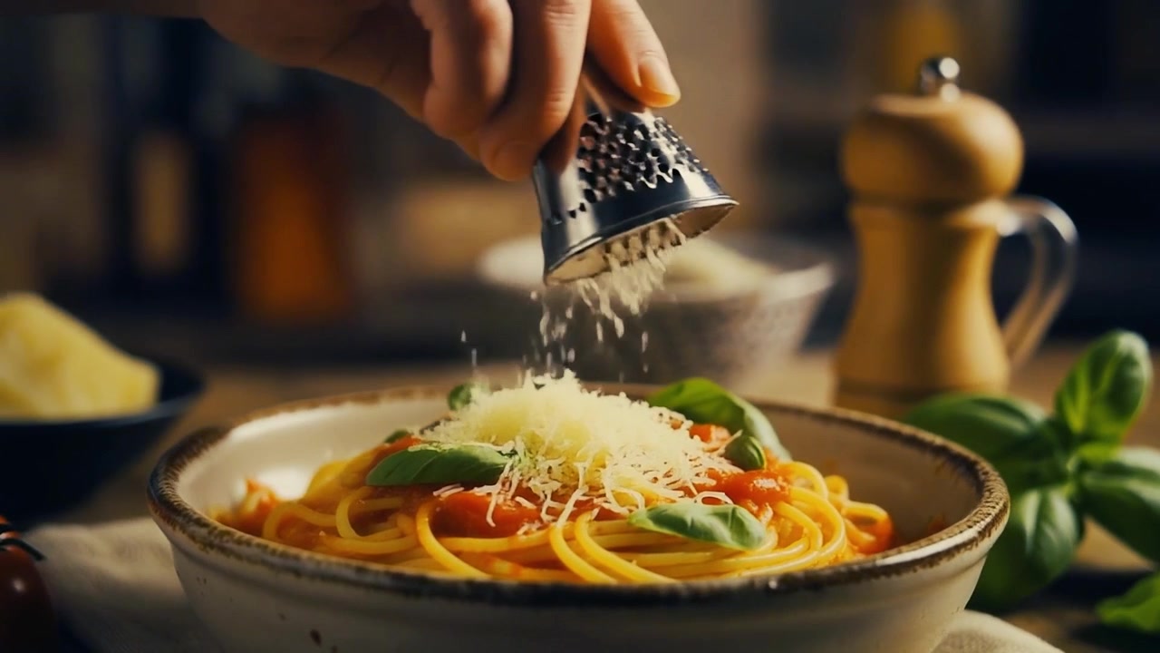 Mano che grattugia Parmigiano fresco su un piatto di spaghetti