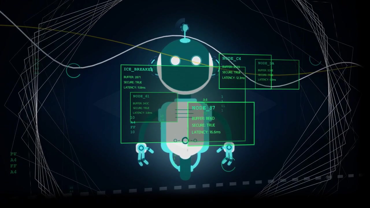 HUD panels appearing and waveforms sweeping around central teal robot, updating node diagnostics