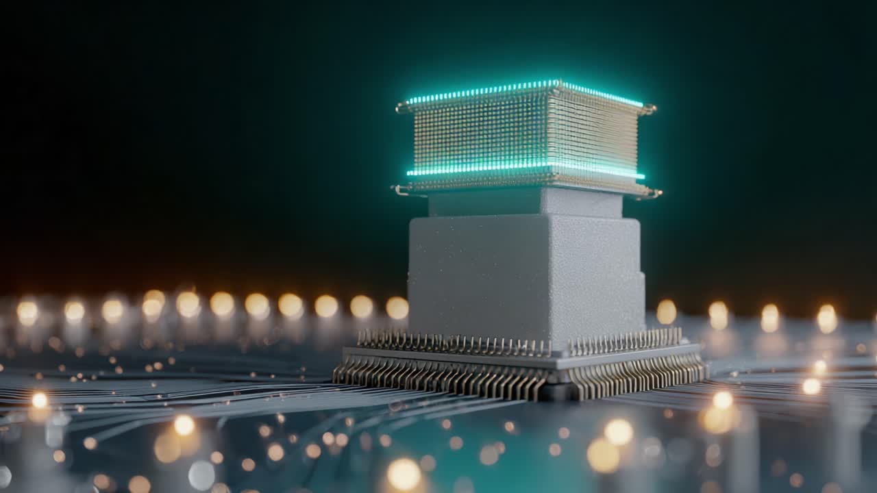 Futuristic central processor unit on a circuit board glowing with cyan light while processing complex data calculations, representing a technological breakthrough in the field of quantum computing