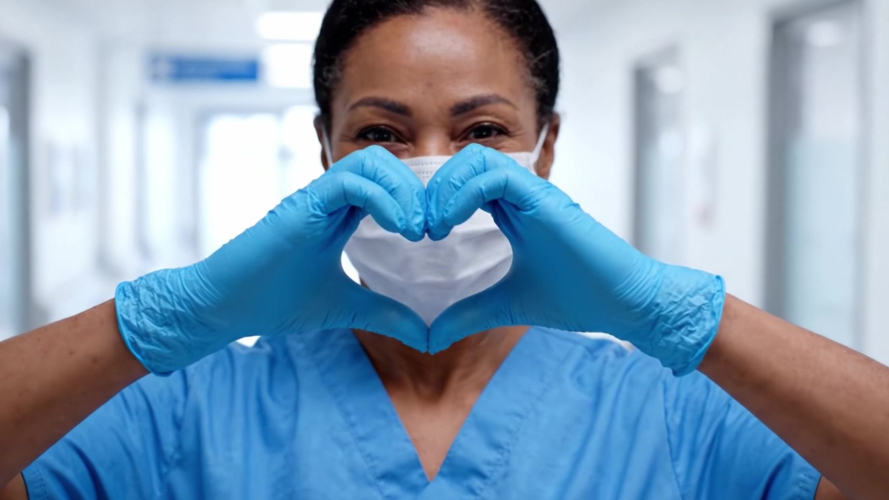 Profissional de Saúde de Uniforme Cirúrgico Demonstra Compaixão e Dedicação com Gesto de Coração, Simbolizando Amor e Apoio aos Pacientes em uma Moderna Unidade Médica