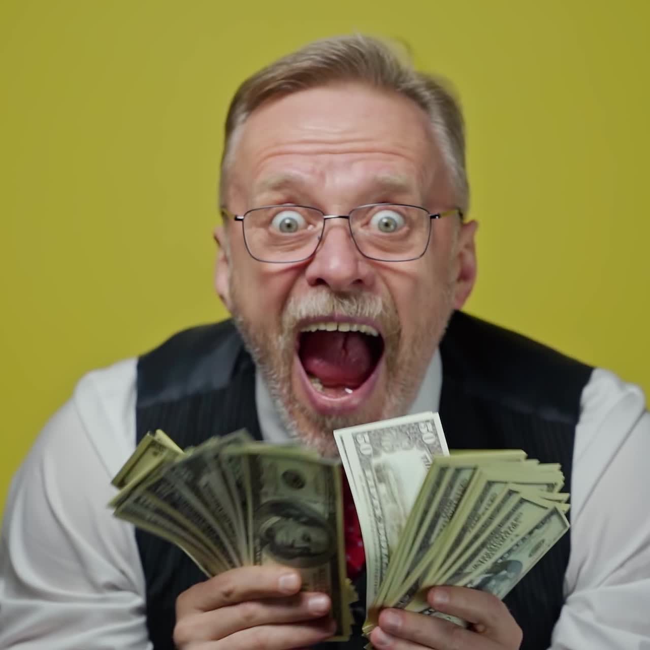 Excited mature man waving dollars. Happy funny elderly businessman showing banknotes on camera with opened mouth. Positive emotions.