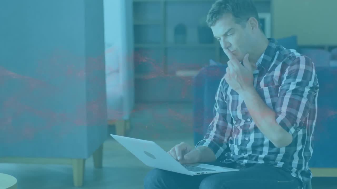 animación de una cadena de adn girando sobre un hombre de negocios usando una computadora portátil