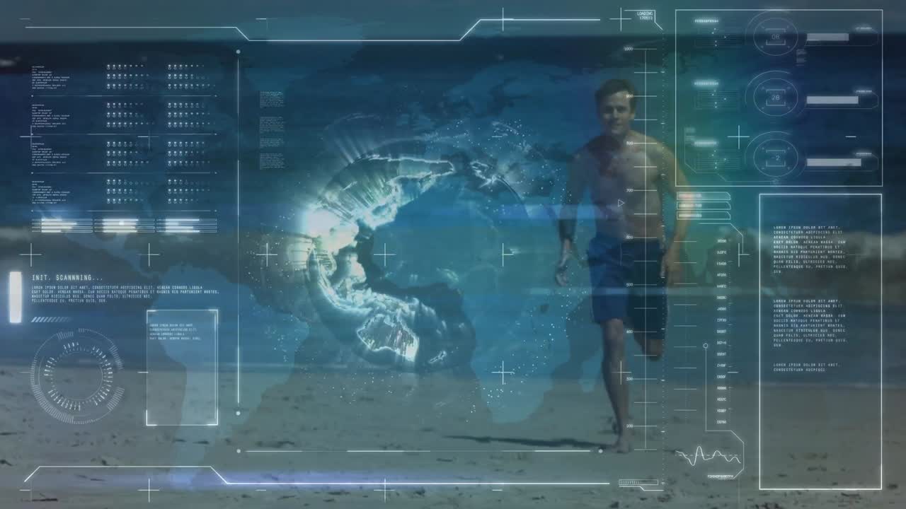 Animation of data processing over caucasian man running on beach