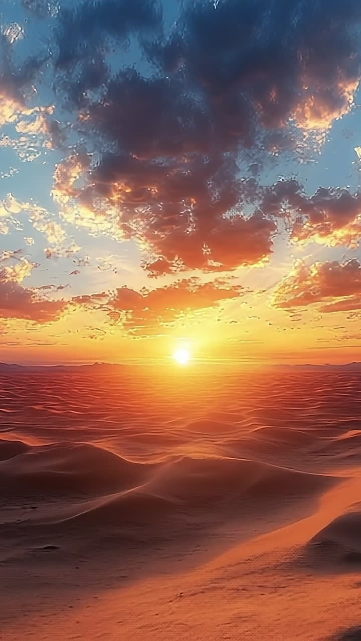 Desert sunset vista. A breathtaking sunset illuminates the expansive desert, casting vibrant colors across the sandy dunes and sky.