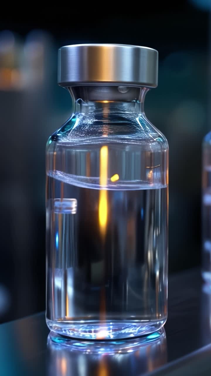 Aesthetic Close-Up of Transparent Vials with Reflection and Soft Lighting in a Laboratory Setting, Highlighting the Contents Within Each Glass Container