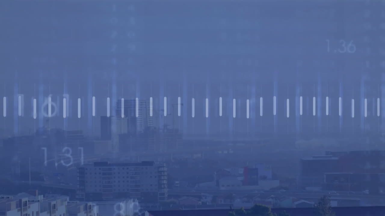 도시 풍경 위의 금융 데이터 처리 애니메이션