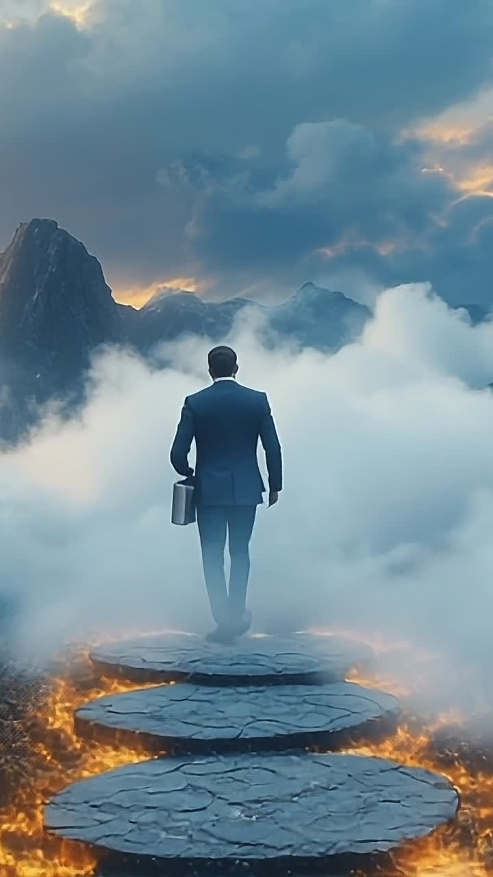 Businessman in a magical land. A businessman traverses a rocky path surrounded by mountains and mist during a vibrant sunset, exuding determination.