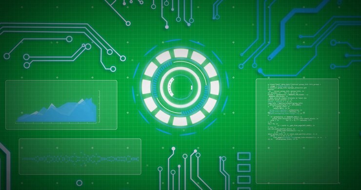 Animation of glowing blue computer circuit board elements over scope and data processing