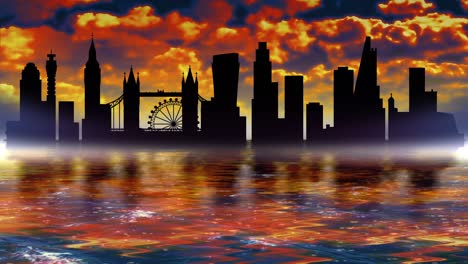 Panorama of the sights of London. The outlines of buildings are reflected in the water.