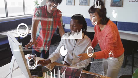 collaborating at desk, diverse team using animation with data visualization graphics